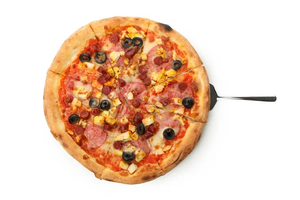 Pizza Saborosa Com Carne Isolada Fundo Branco — Fotografia de Stock