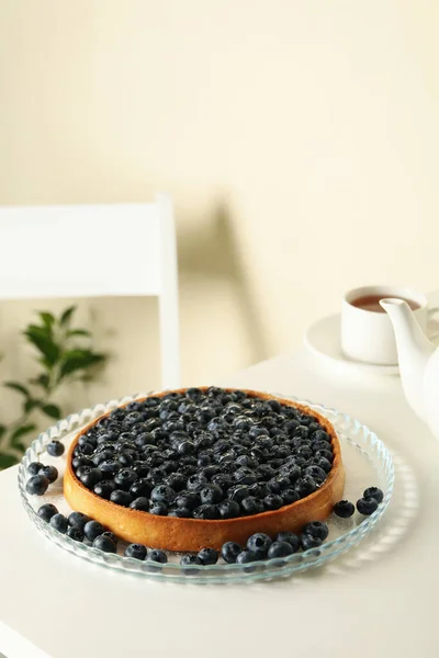 Concept Tasty Breakfast Blueberry Pie White Table — Stock Photo, Image
