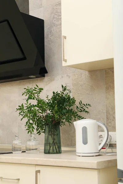 Vas Dengan Ketel Listrik Dan Tanaman Meja Dapur — Stok Foto