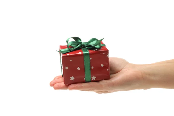 Vrouwelijke Hand Houden Geschenkdoos Geïsoleerd Witte Achtergrond — Stockfoto