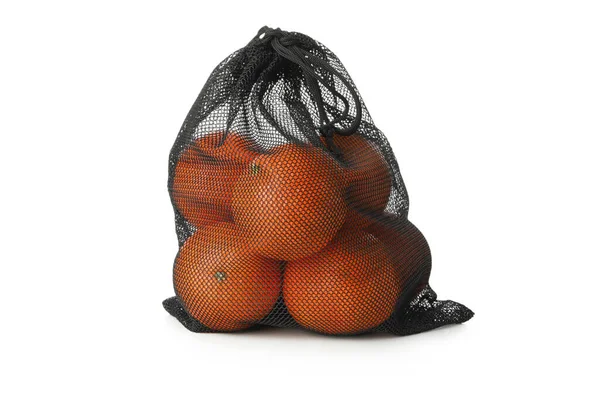 Saco Cordas Com Tangerinas Maduras Isoladas Sobre Fundo Branco — Fotografia de Stock