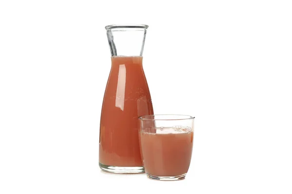 Jarro Garrafa Vidro Com Suco Morango Isolado Fundo Branco — Fotografia de Stock