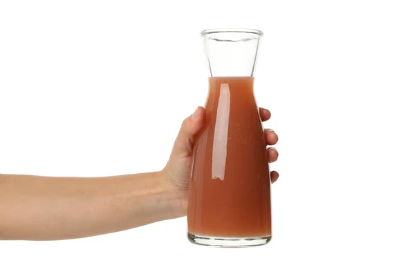 Kvinna Handtag Flaska Jordgubbsjuice Isolerad Vit Bakgrund — Stockfoto