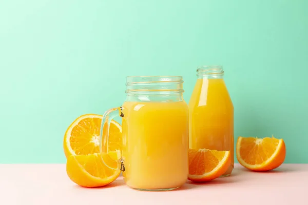 Glass Jars Orange Juice Mint Background — Stock Photo, Image