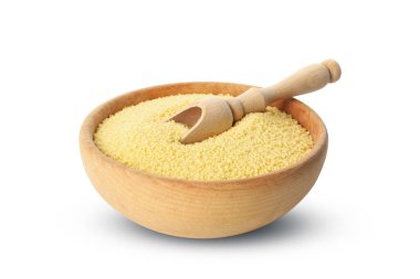 Beyaz arkaplanda saf kuskus izole edilmiş kase