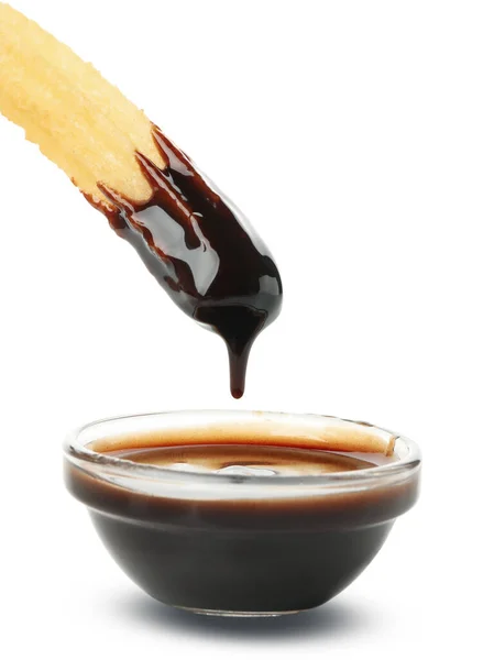 Gustosi Churros Con Salsa Cioccolato Isolata Sfondo Bianco — Foto Stock