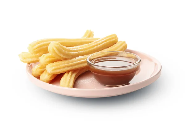 Piatto Con Churros Salsa Isolati Sfondo Bianco — Foto Stock