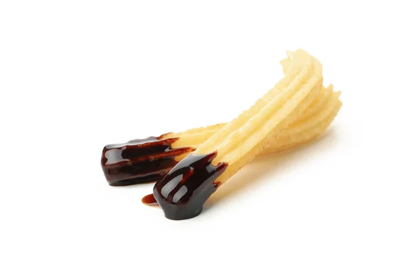 Gustosi Churros Con Salsa Cioccolato Isolata Sfondo Bianco — Foto Stock