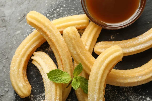 Concepto Almuerzo Dulce Con Churros Sobre Mesa Gris —  Fotos de Stock