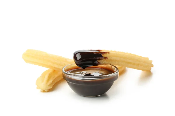 Gustosi Churros Con Salsa Cioccolato Isolata Sfondo Bianco — Foto Stock