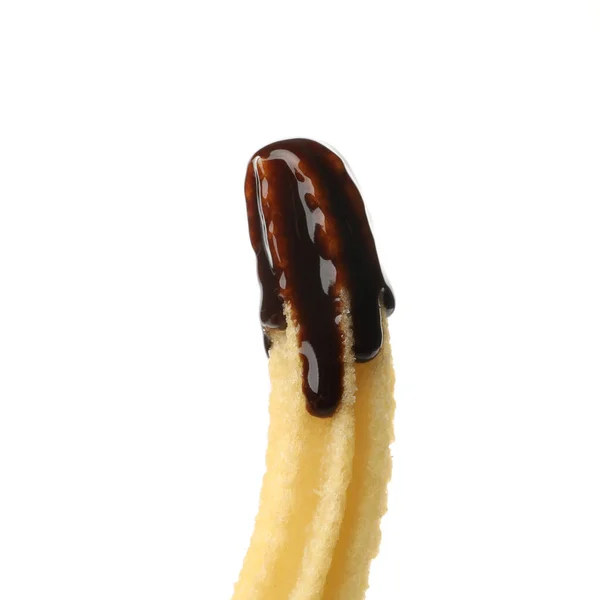 Lekkere Churros Met Chocolade Saus Geïsoleerd Witte Achtergrond — Stockfoto