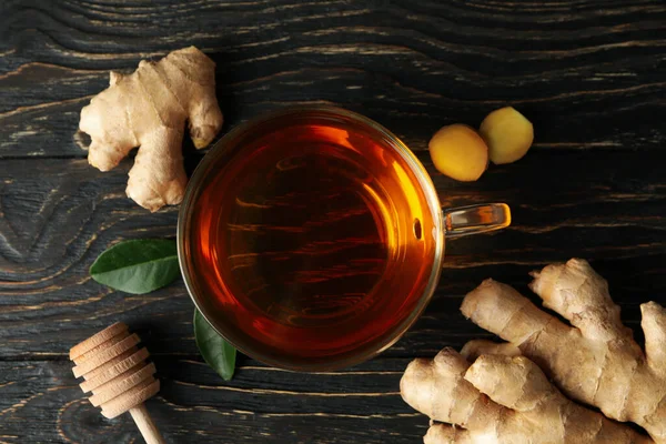 Fresh Ginger Cup Tea Wooden Background — Stock Photo, Image