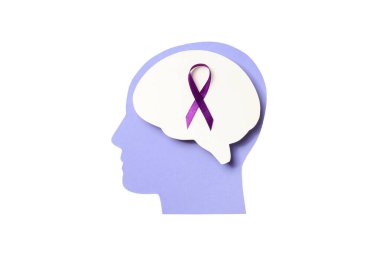 Akıl sağlığı için beyinde mor kurdele, beyazda izole edilmiş, PNG