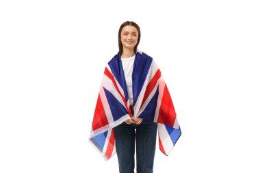 Genç kadın bayrağa sarılmış, gururlu, beyaz tenli, PNG