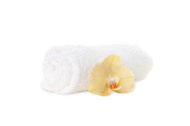 Gevşemek için sarı orkideli yumuşak beyaz havlu, beyaz, PNG