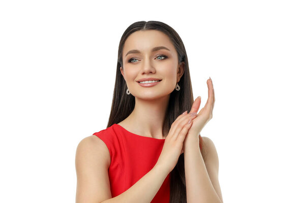 Elegant woman smiling with hands clasped, isolated, PNG