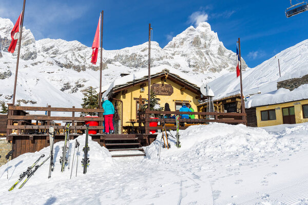 BREUIL-CERVINIA, ITALY - December 13 2018:Monte Cervino (Matterhorn) as seen from Plan Maison in December, Breuil-Cervinia, Valle d'Aosta, Italy