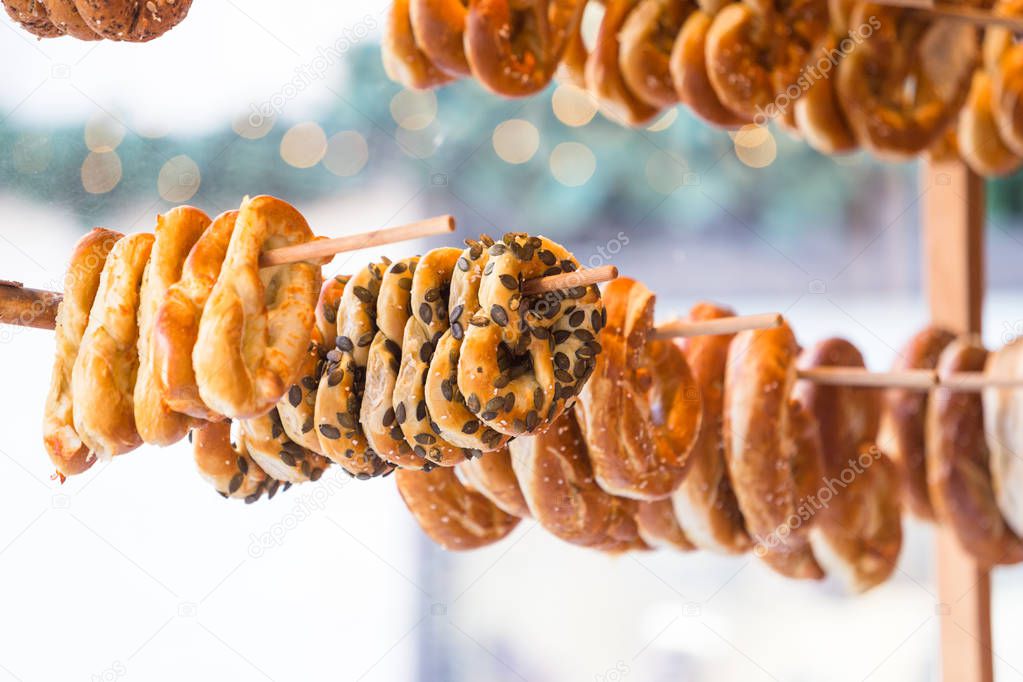 Several pretzels hanging on the  typical alsatian shop