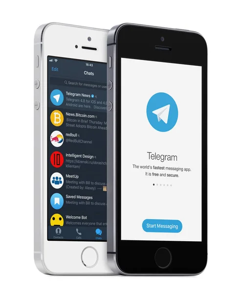 Telegram messenger app logo and Telegram chat list on the white and black Apple iPhones — Stock Photo, Image