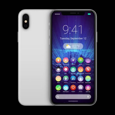 Akıllı telefonlar ile malzeme tasarımına düz UI arayüz ön ve arka yüzlerine önden görünüm