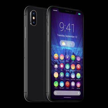 Siyah akıllı telefonlar ile malzeme tasarımına düz UI arayüz ön ve arka yüzlerine döndürülmüş 