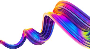 3D dalgalı parlak soyut tasarım öğesinde holografik neon trendy renkler. Şekil şerit fırça darbesi sarmal hareket ile bükülmüş. Tasarım öğesi Noel kutlaması için afiş ve posterler. 3D render.