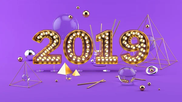 Nowy Rok 2019 Skład Zestaw 2019 Złote Numery Jasne Kule — Zdjęcie stockowe
