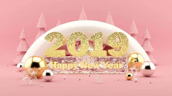 2019 Happy New Year Wish 3D composition in millennial pink colors and Christmas trees with decorations around.