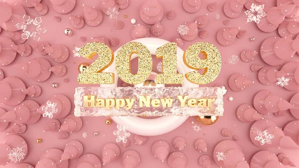 З Новим 2019 роком фон з прикрашеними ялинками, падаючими сніжинками та золотими цифрами 2019 року . — стокове фото