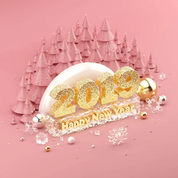 Rose Gold isometric 3D illustration with 2019 Happy New Years Wish