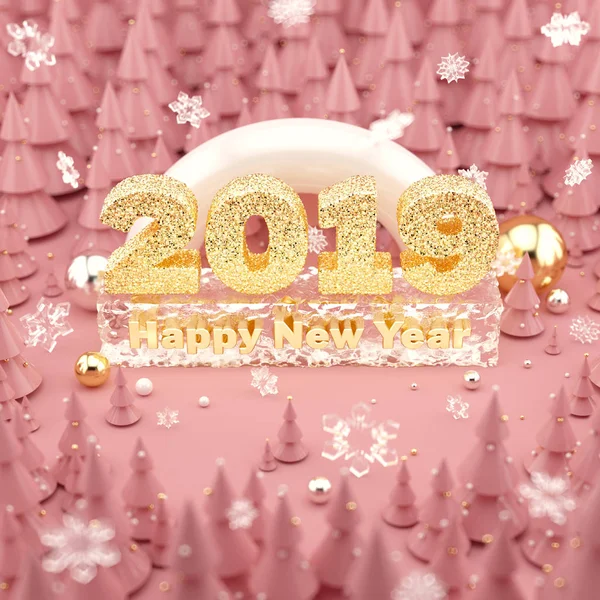 Happy New Year 2019 Rose Gold colored 3D illustration with Christmas trees