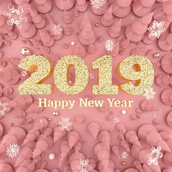 Rose Gold Happy New Year 2019 top view 3D images — стоковое фото