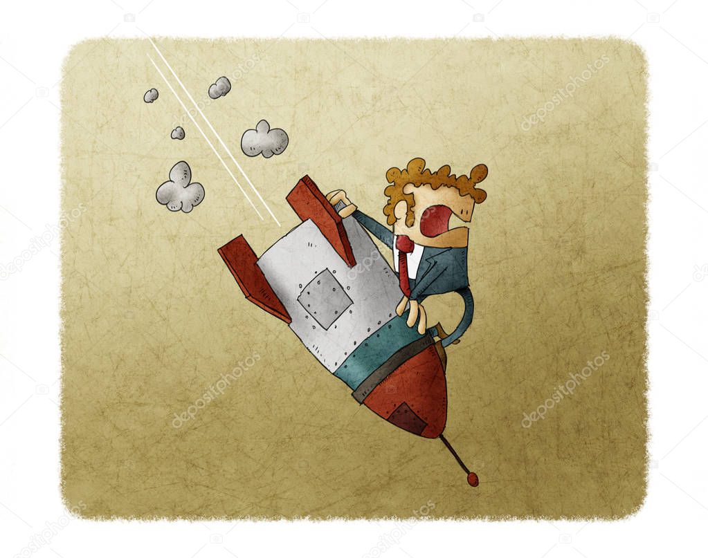 Businessman falling down on top of a rocket. Business failure, the rocket fall down. Concept of failed start up