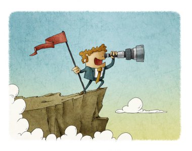 bayrakla işaretlenmiş olan bir dağın tepesinde duran ve teleskop iş kavramı başarı arıyor işadamı.