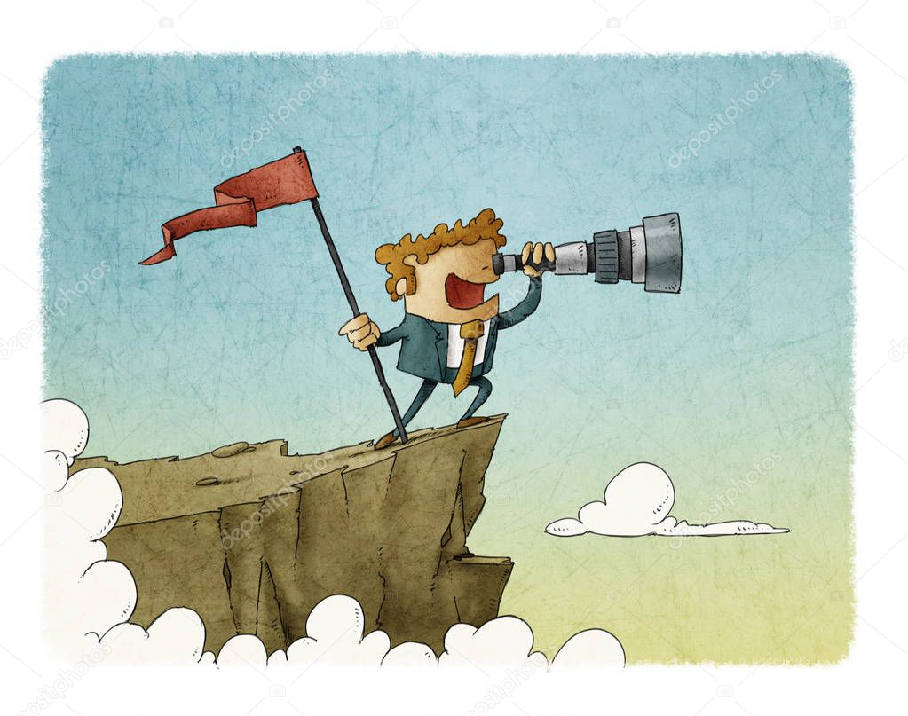 businessman standing on top of a mountain with a flag and looking into the telescope, business concept success.