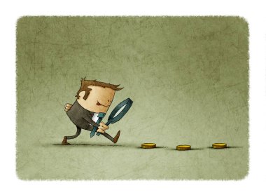 Büyüteç ile para arıyorum iş adamı. İş ve finans kavramı