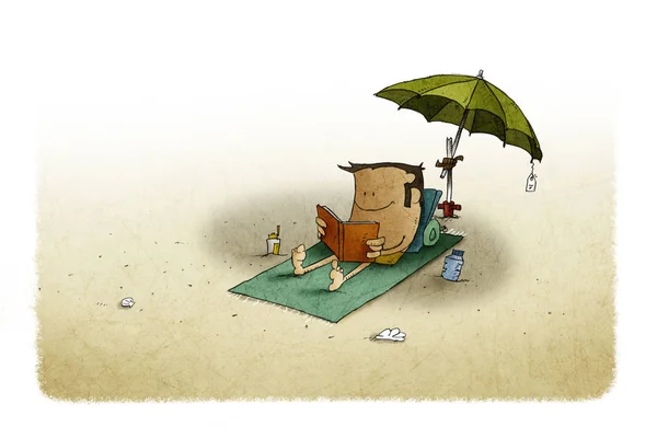 男傘の下のビーチのイラストは本を読みながら タオルの上で横になっています — ストック写真
