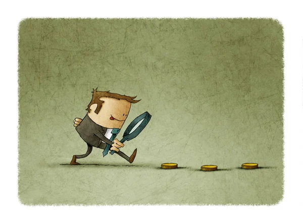 Büyüteç ile para arıyorum iş adamı. İş ve finans kavramı