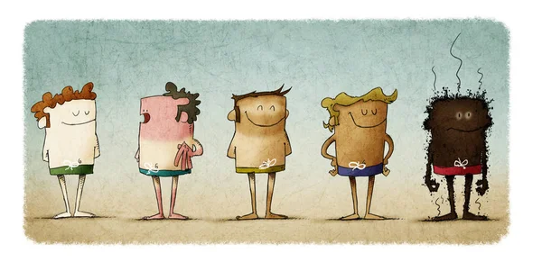 types of skin under the effects of the sun. five people with different skin color. Funny illustration about the importance of sun protection.