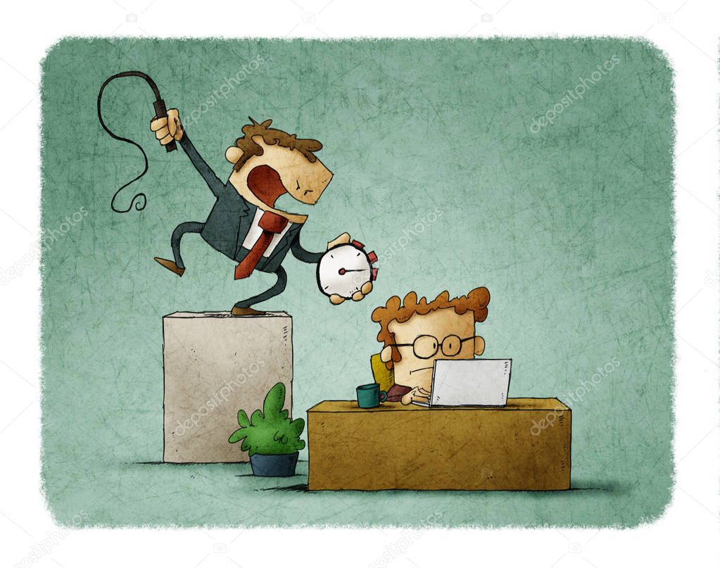 Business man holds a stopwatch and whip in hand, and a businessman works hard under him . Deadline time concept. Illustration