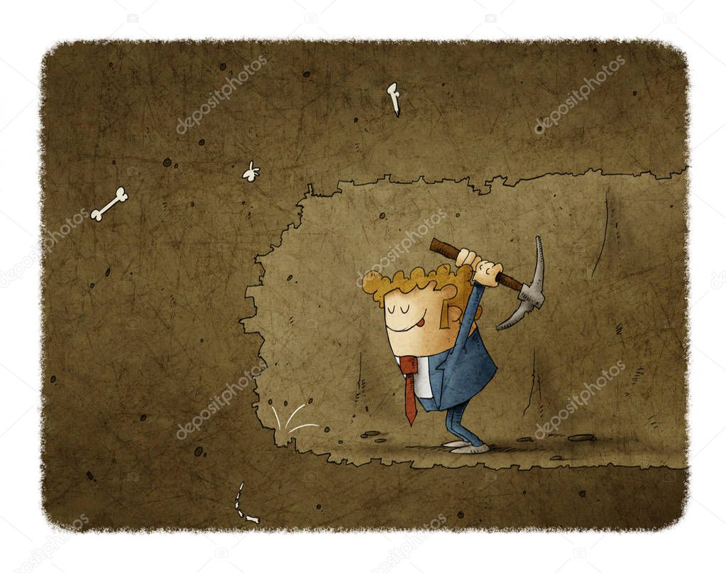 Businessman mining to find something.Business concept illustration