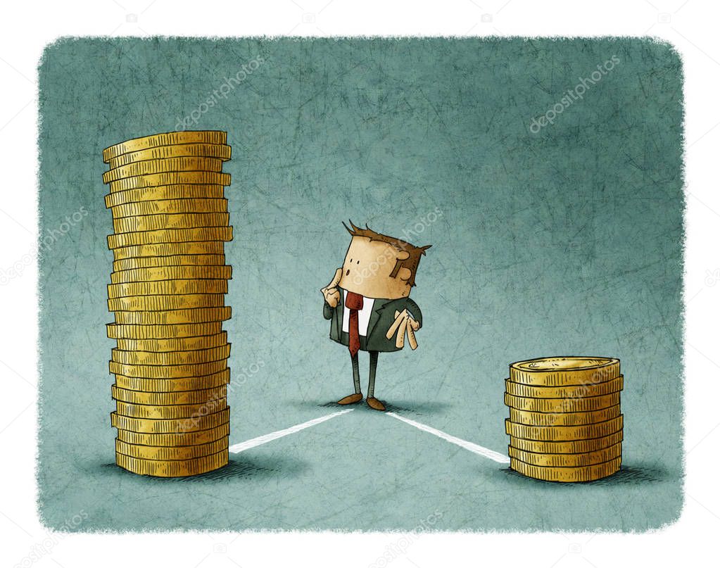 Businessman is thinking that pile of coins should choose.