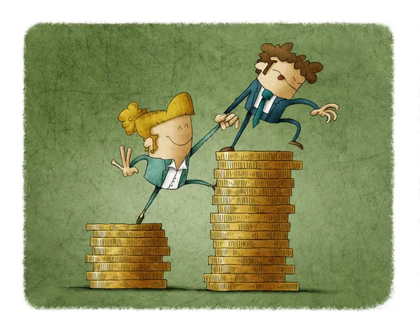 Income Inequality Concept Shown Illustration Male Female Characters Piles Coins — Stock Photo, Image