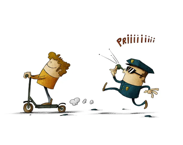 Illustration of a man riding an electric scooter and a policeman running behind whistling. — Stock Photo, Image