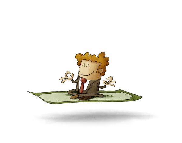 Geschäftsmann sitzt in Lotusposition und meditiert auf einem Dollarschein. — Stockfoto