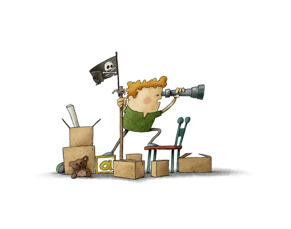 Chlapec, který předstírá, že je pirát, se dívá skrz dalekohled — Stock fotografie