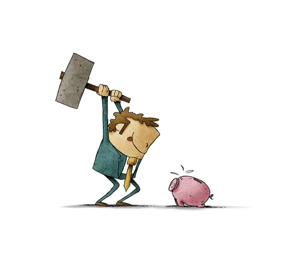 Empresário com um martelo na mão vai quebrar um banco porquinho e tirar as economias . — Fotografia de Stock