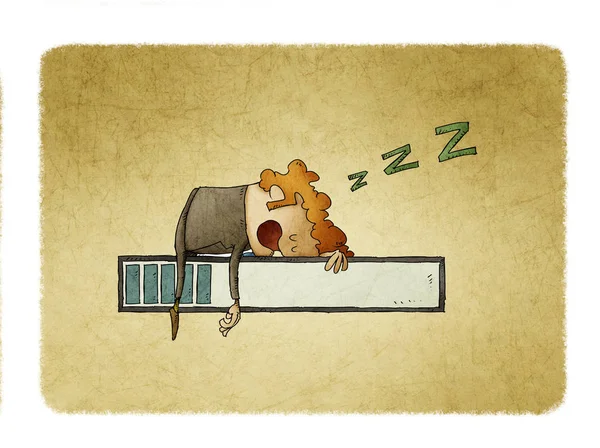 Ilustración de un personaje que está dormido en la parte superior de una barra de progreso. Concepto de lentitud y espera . — Foto de Stock