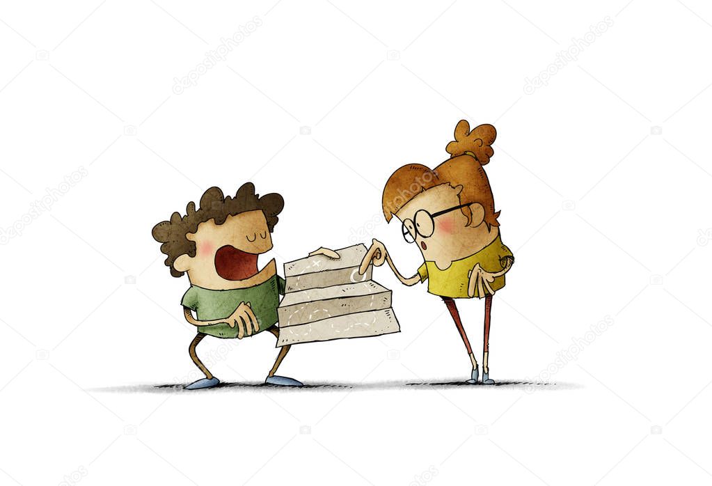 Two kids navigate with map treasure hunt - Illustration