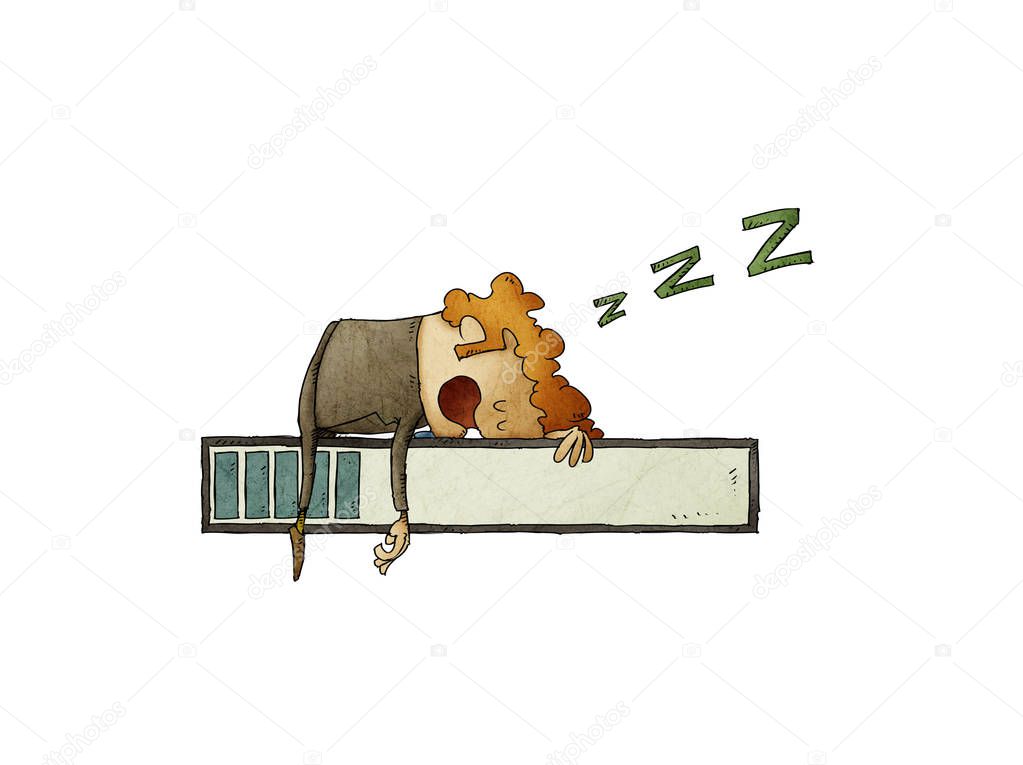 illustration of a character who is asleep on top of a progress bar. Concept of slowness and waiting. isolated